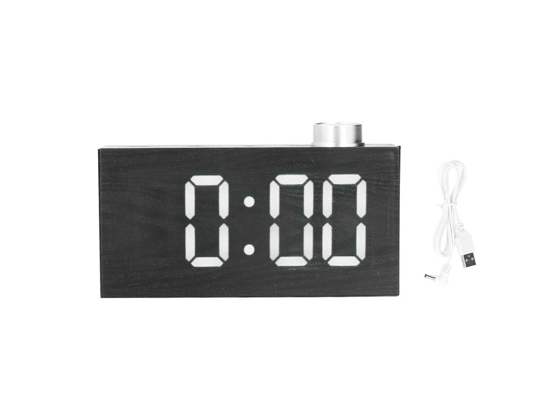 Reloj electrónico digital Baok con LED, termómetro, USB y acabado de imitación madera blanca.