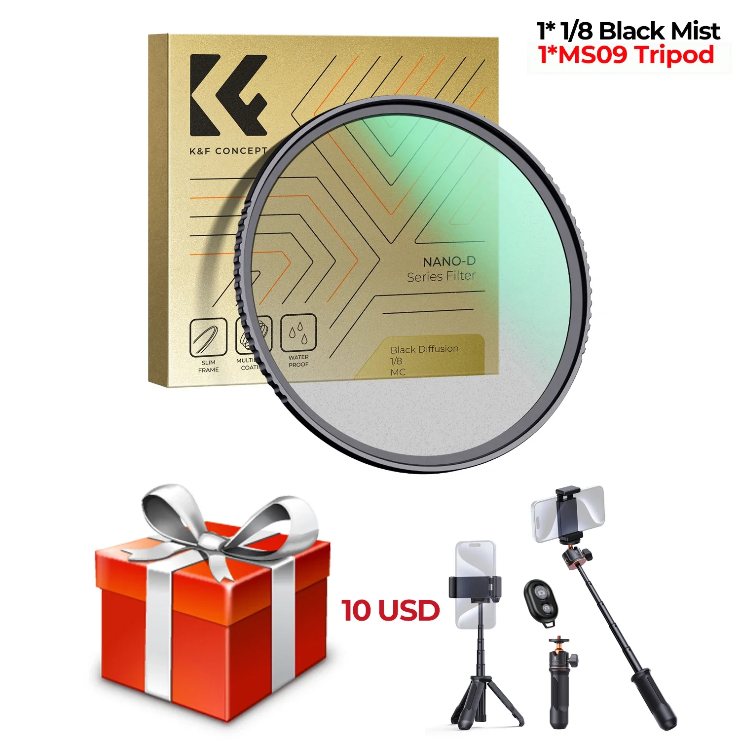 Filtro difusor de niebla negra de 1/8 1/4 con película verde suave, 58 mm, con trípode MS09