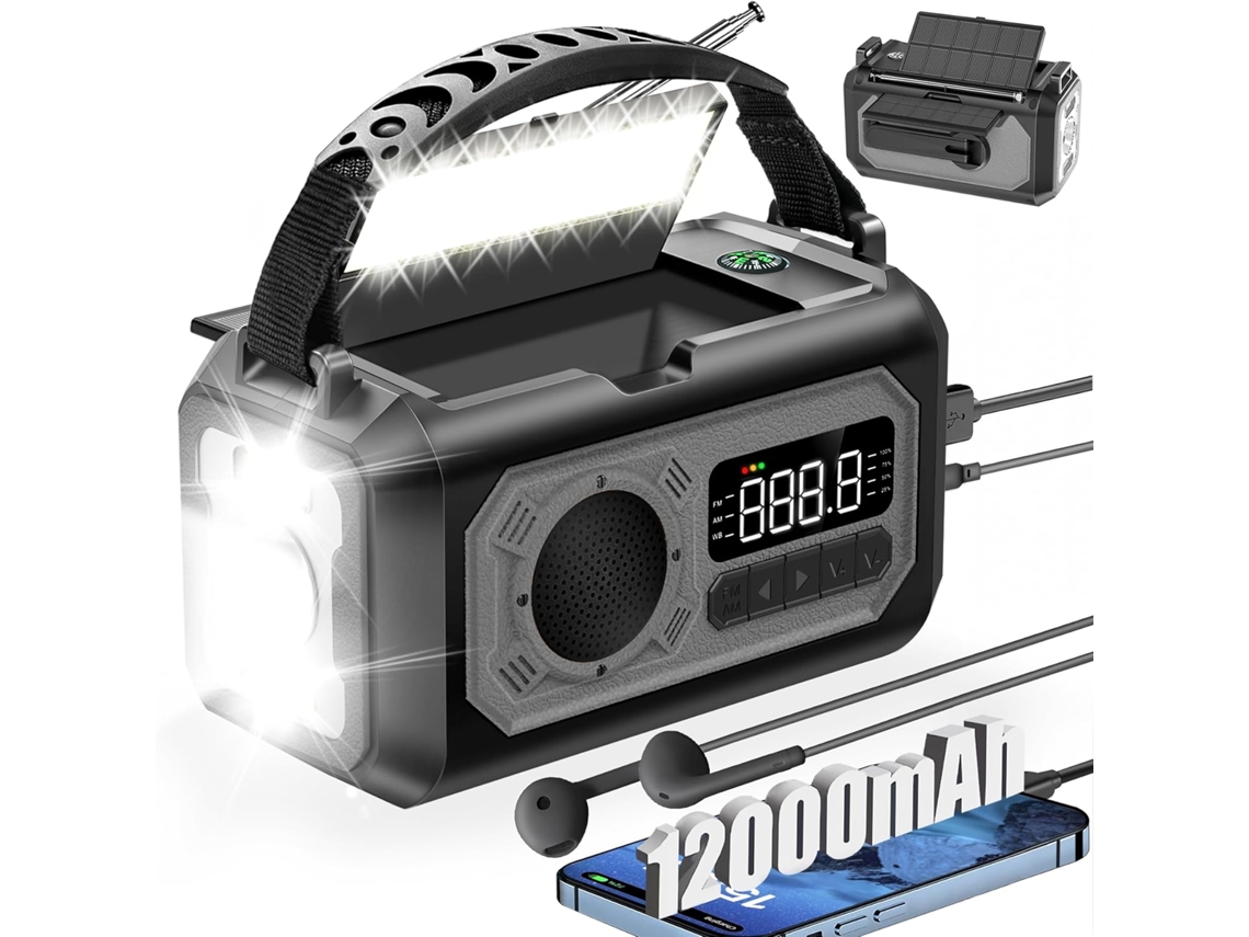Radio portátil solar de manivela Yuysan H17 AM/FM/NOAA, alarma SOS, linterna, 12000 mAh, color gris