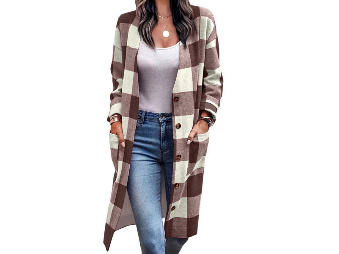 Casaco feminino Rebe de manga comprida e gola alta com decote redondo e bolsos, estilo casual elegante, tamanho M, marrom claro.