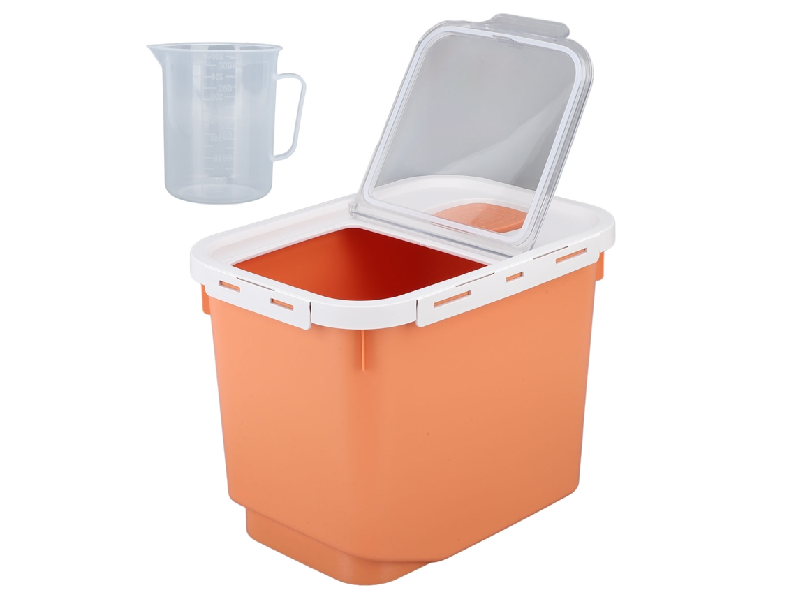 Contenedor Hermético Para Almacenar Arroz De 10 Kg Con Tapa Giratoria Transparente Y Ruedas Naranjas.