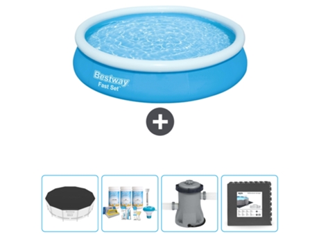 Piscina Hinchable Redonda Fast Set BESTWAY - 366 x 76 cm - Azul - Incluida Cubrir - Paquete de mantenimiento - Bomba - Baldosas