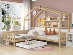 Cama Cabina 90x200cm + 140x70cm De Madera Maciza - Con Cajones Y Estantes + Somier - Natural