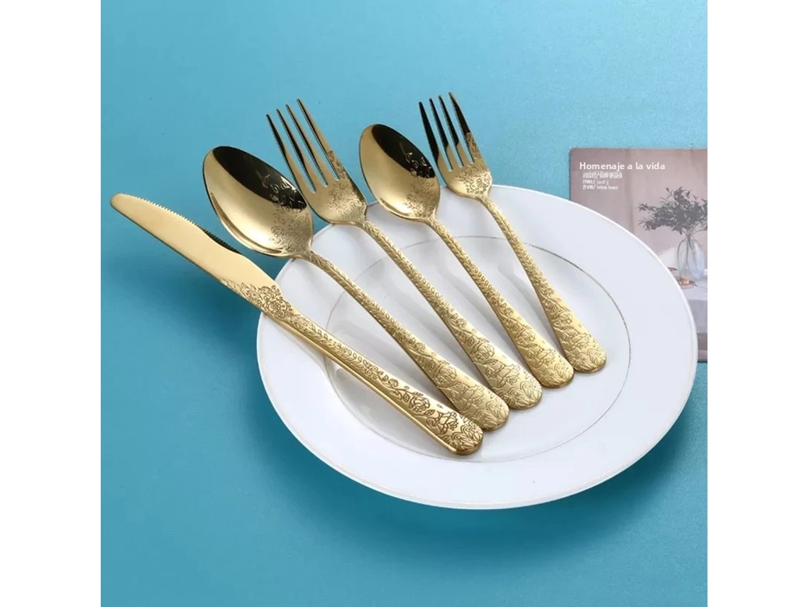Juego De Cubiertos De Acero Inoxidable (5 Piezas Doradas), Juego De Cubiertos Dorados, Cuchillo, Tenedor Y Cuchara.