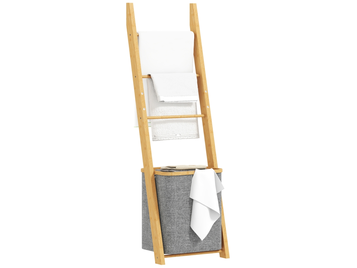Toallero De Baño De Bambú Con 3 Barras Y Cesta Para La Ropa, 48l, Gris.