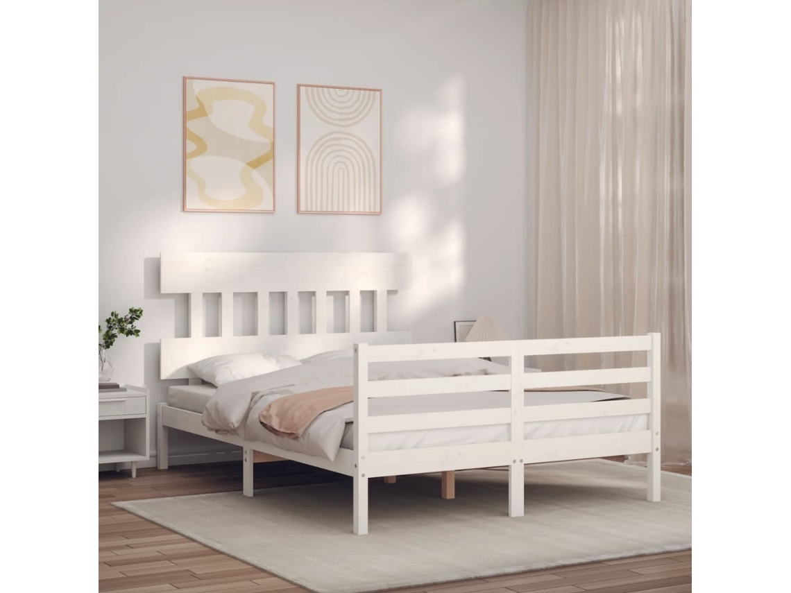Cama De Matrimonio | Cama Para Adultos | Estructura Cama De Matrimonio Con Cabecero Madera Maciza Blanco