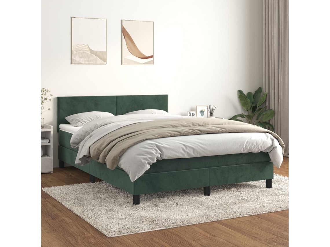 Cama Box Spring Con Colchón Terciopelo Verde Oscuro 140x200 Cm