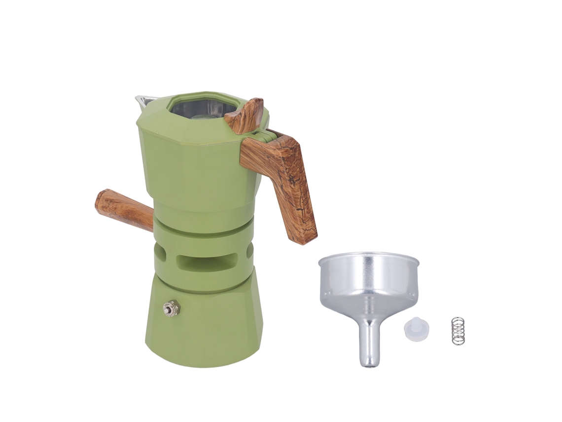 Cafetera moka de aleación de aluminio de 120 ml, 2 tazas, doble válvula, color verde, ideal para el hogar o la cafetería.