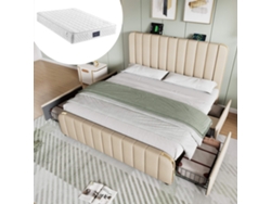 Cama Doble 160x200 Cm - Cabecero Tapizado, Bandas Doradas, Usb-c, 4 Cajones, Con Colchón - Beige
