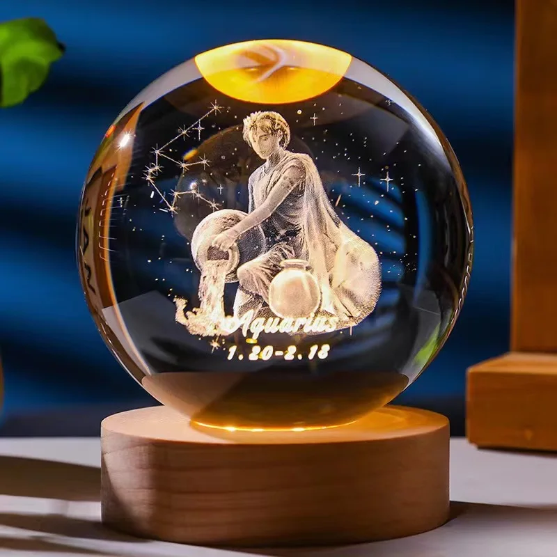 (acuario 6x6cm Con Luz) Bola De Cristal De Doce Constelaciones De 6,8 Cm, Base De Madera Con Led