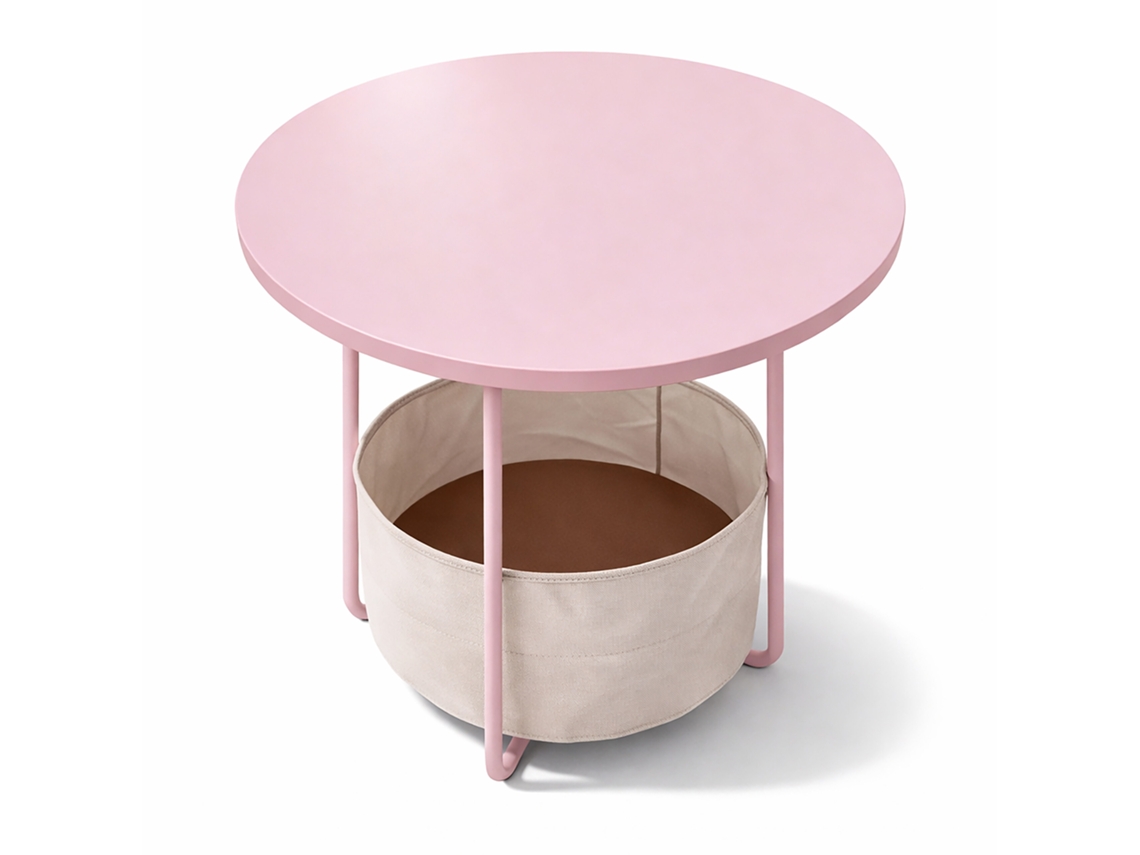 Mesa Auxiliar Relaxdays, Redonda Con Cesta De Tela, Hd 50x45 Cm, Para Salón, Mdf Y Metal, Rosa Crema