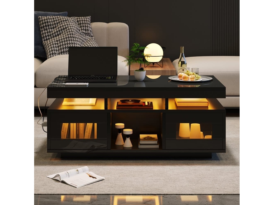 Mesa De Centro 100x50x43 Cm - Con Luces Led Controlables Por App, Mesa Con Almacenamiento Y Puertos De Carga - Negro