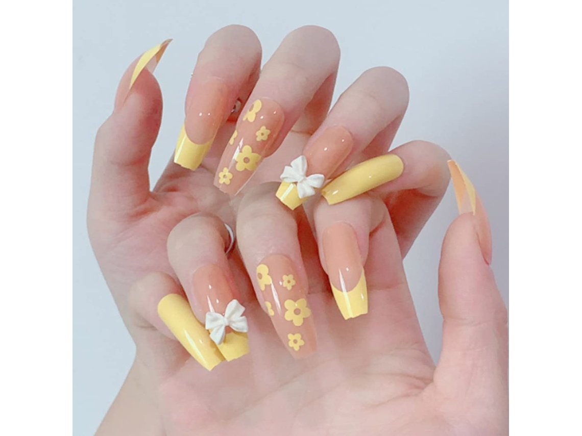 24 uñas postizas decoradas con lazo brillante, modelo bailarina, cobertura total