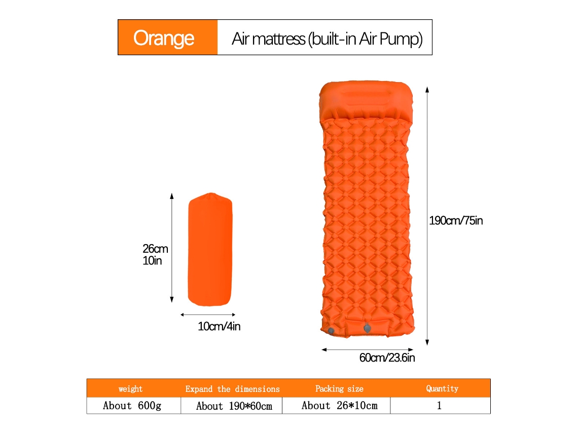 Colchoneta de camping Digitallab ultraligera, inflable con pedal, 190 x 60 cm, Lt04 (naranja)