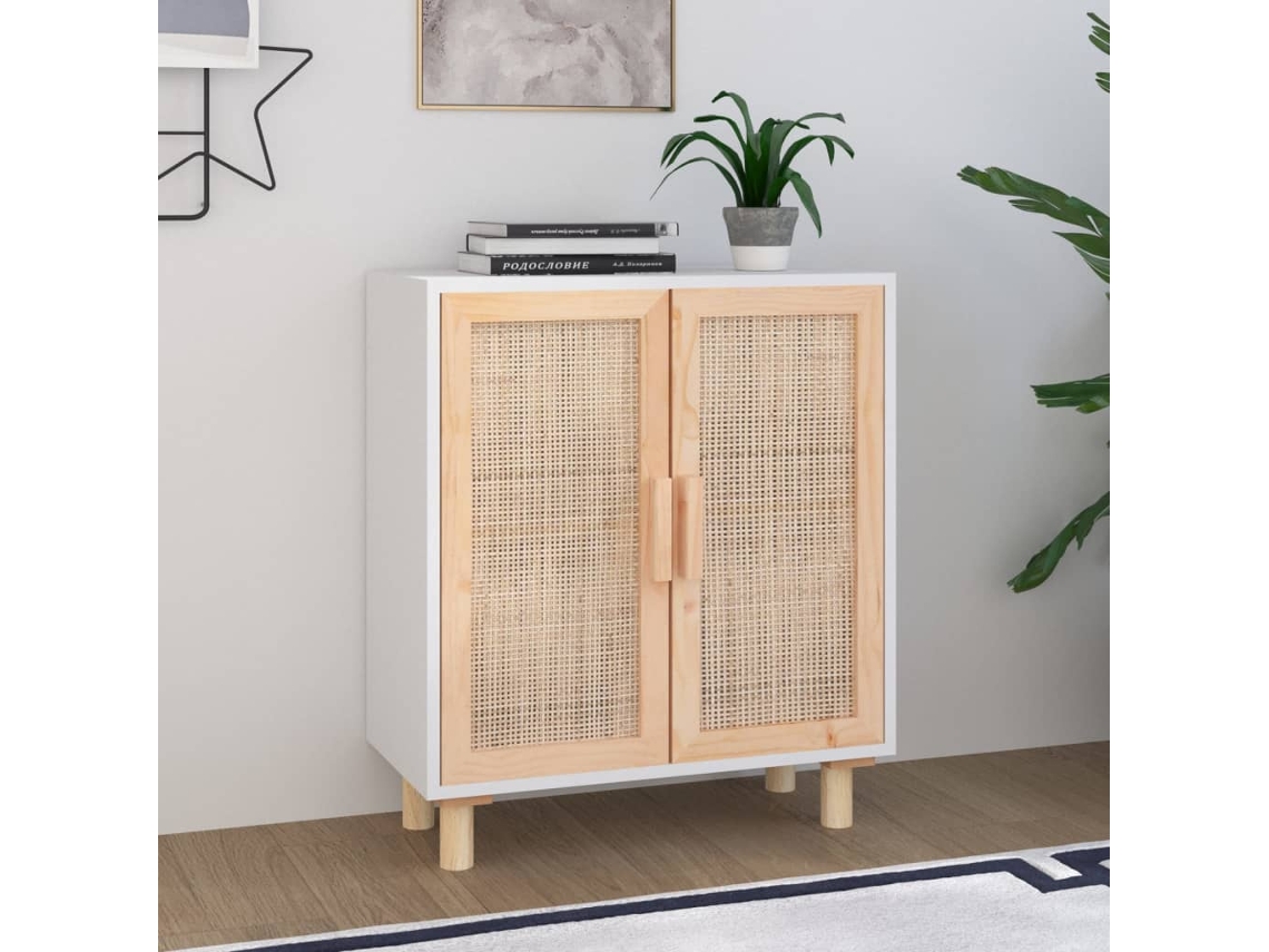Aparador | Mueble De Comedor | Buffet Blanco Madera Pino Maciza Y Ratán Natural 60x30x70 Cm Wsd249381