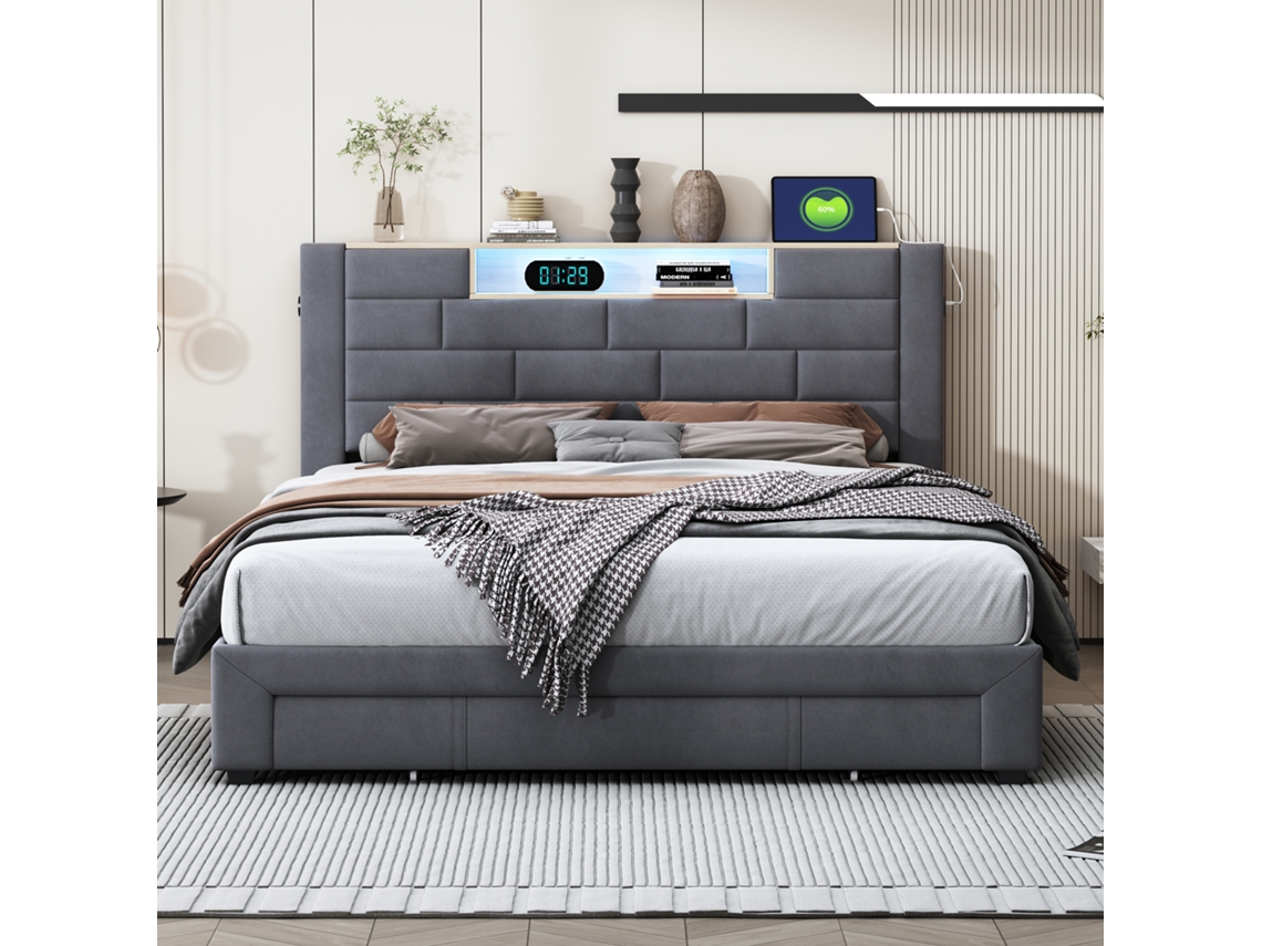 Cama De Matrimonio 140x200 Cm Con Almacenaje - Cama Tapizada Con 4 Cajones, Luz Rgb Y Usb/type-c - Terciopelo Gris Moderna Cabecero