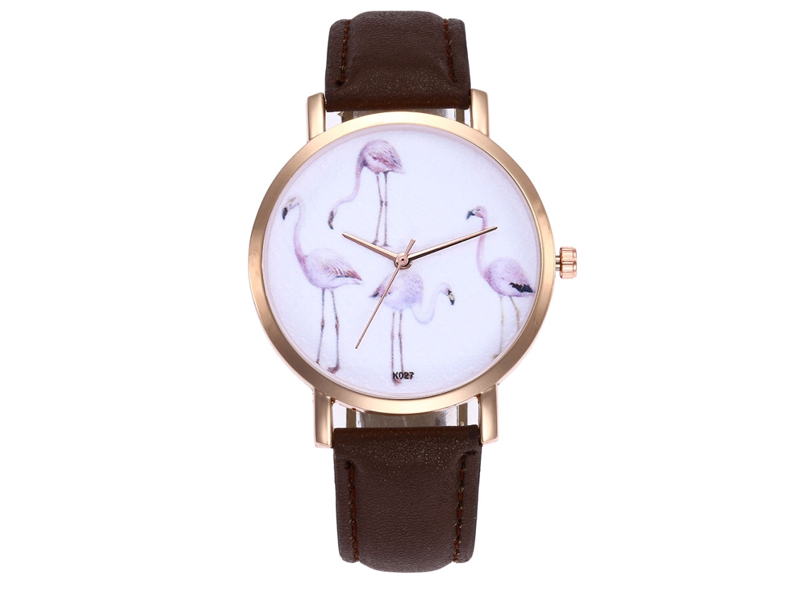 Reloj De Cuarzo Para Mujer Con Caja De Piel Sintética Y Estampado De Pájaros En Una Esfera Color Café.
