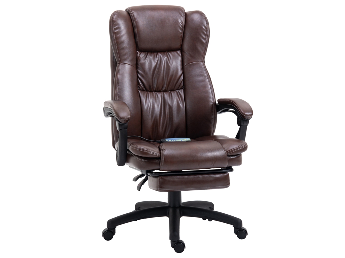 Sillón giratorio regulable con reposapiés, reposacabezas y función de masaje, de piel sintética, 68,5 x 68,5 x 113-121 cm, color marrón.
