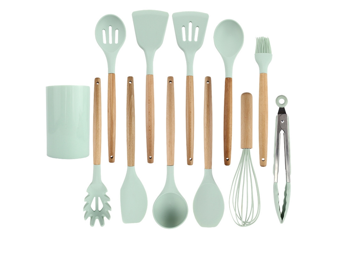 Conjunto de Utensílios de Cozinha 12 Peças Conjunto de Panelas Resistentes Ao Calor de Silicone com Cabo de Madeira-Verde GERTIZ