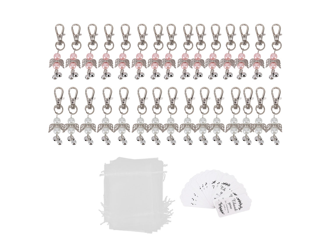 Juego de 30 llaveros de ángel con campana y perla, rosa y blanco
