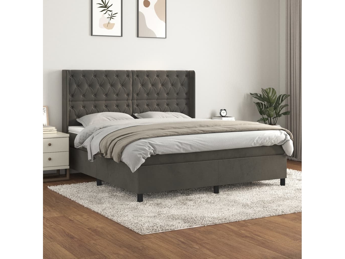 Cama Box Spring Con Colchón Terciopelo Gris Oscuro 160x200 Cm