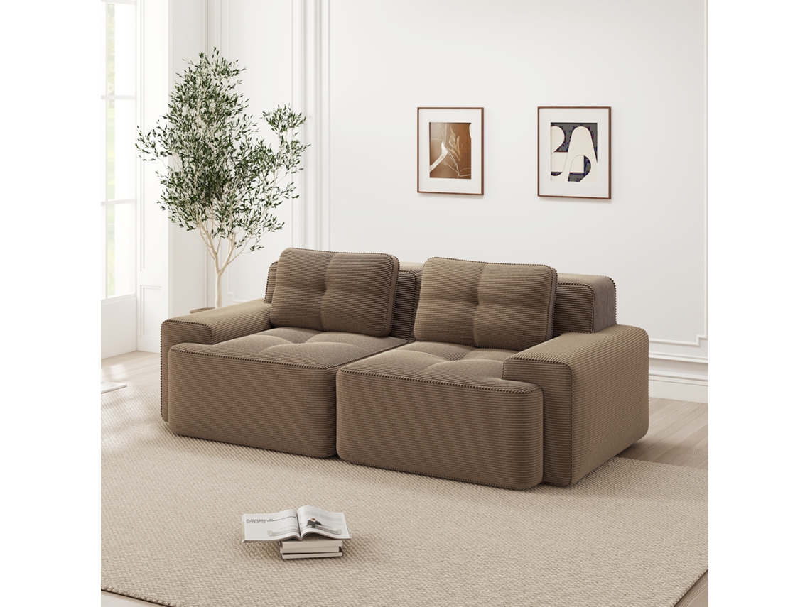 Sofá Modular Boneless Castanho Com Assento Profundo Em Veludo Cotelê