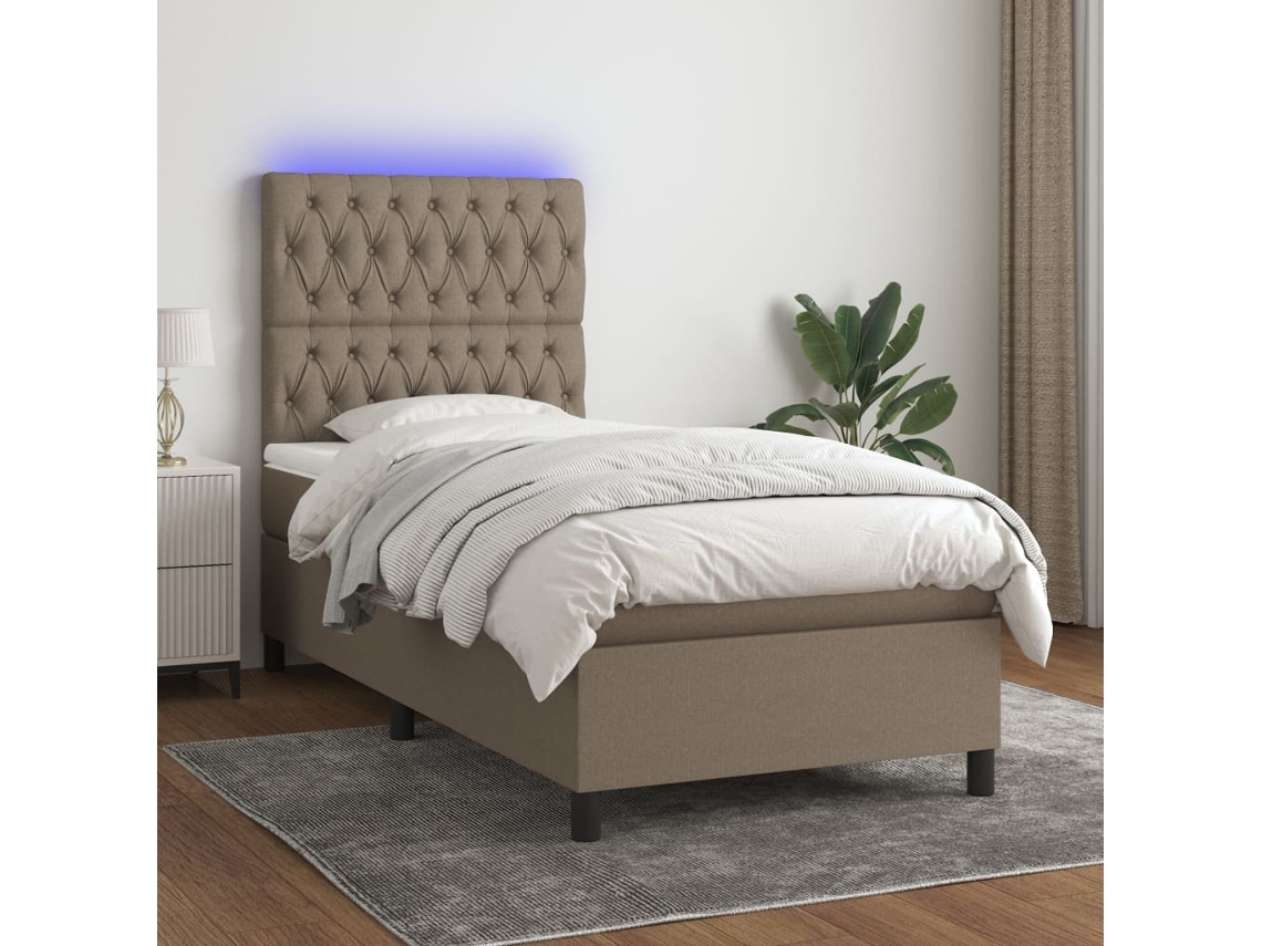 Cama Box Spring Colchón Y Luces Led Tela Gris Taupe 100x200 Cm
