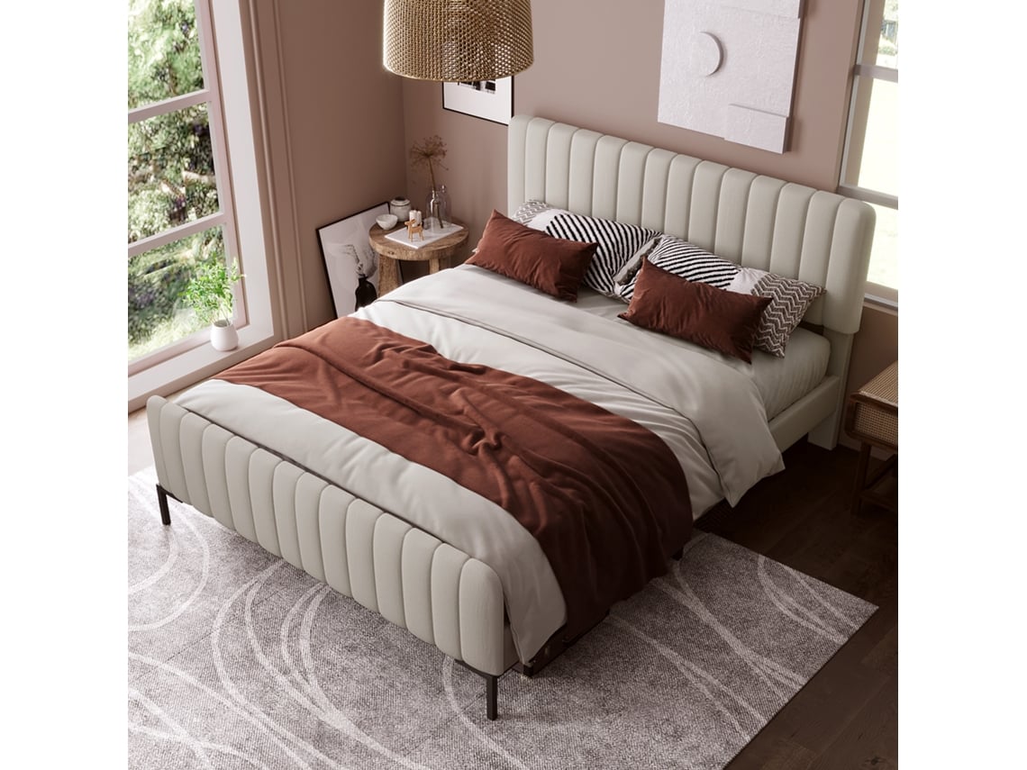 Cama Doble De 160x200 Cm, Cabecero Regulable, Estructura Tapizada, Tejido De Lino Gris-beige, Somier De Láminas Incluido.