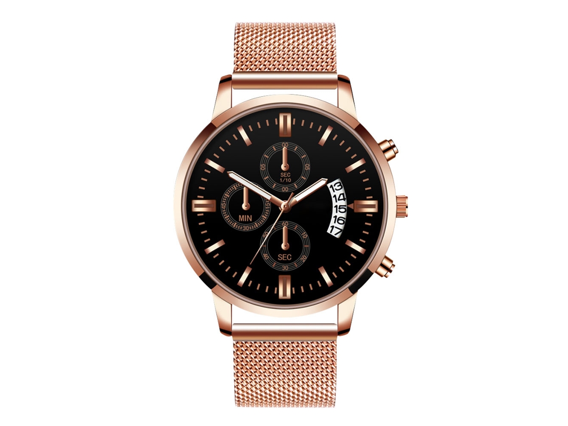 Reloj De Pulsera De Cuarzo Para Hombre Con Calendario, Esfera Redonda, Oro Rosa Y Brazalete De Acero Negro.