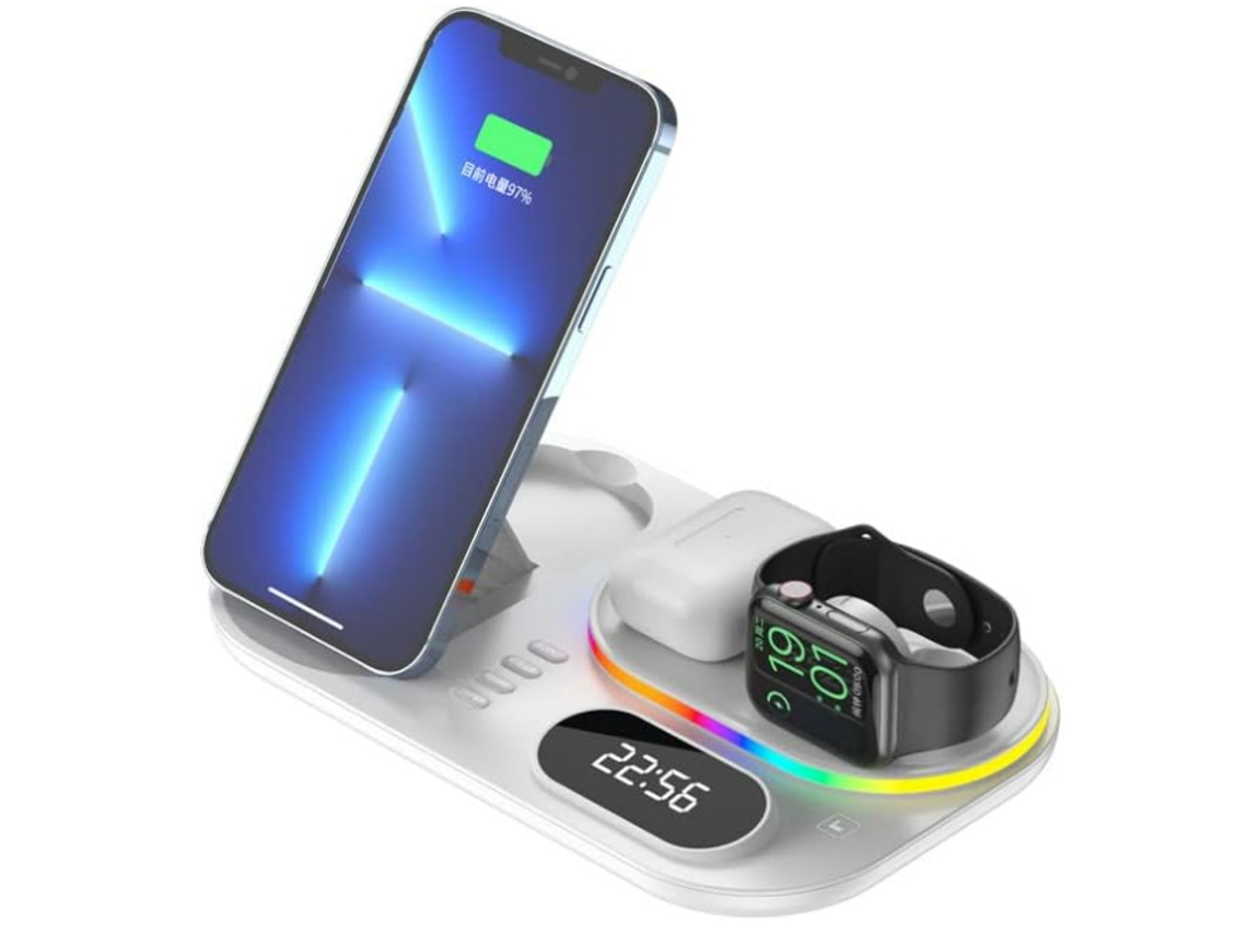 Reloj Led De 30 W 4 En 1, Estación De Carga Inalámbrica Plegable Para Iphone 13/12/11/xs/max/xr/x/8 Y Samsung S20/s10/s9/s8/s7/s6 (blanco)