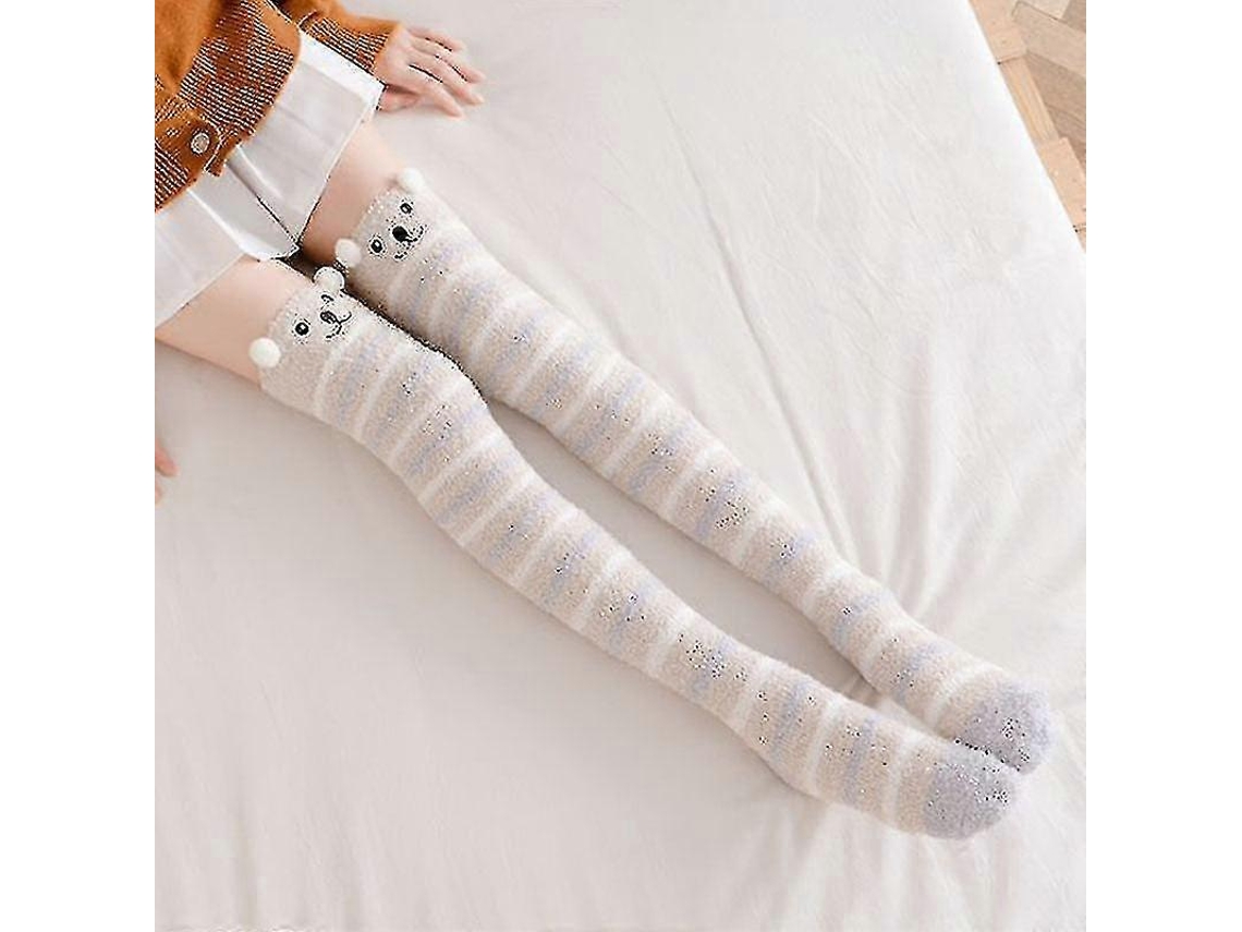 Calcetines suaves de lana coral hasta la rodilla, ideales para el invierno, para niñas y mujeres. Calcetines de rayas con estampados de animales, pelusas y dibujos animados.