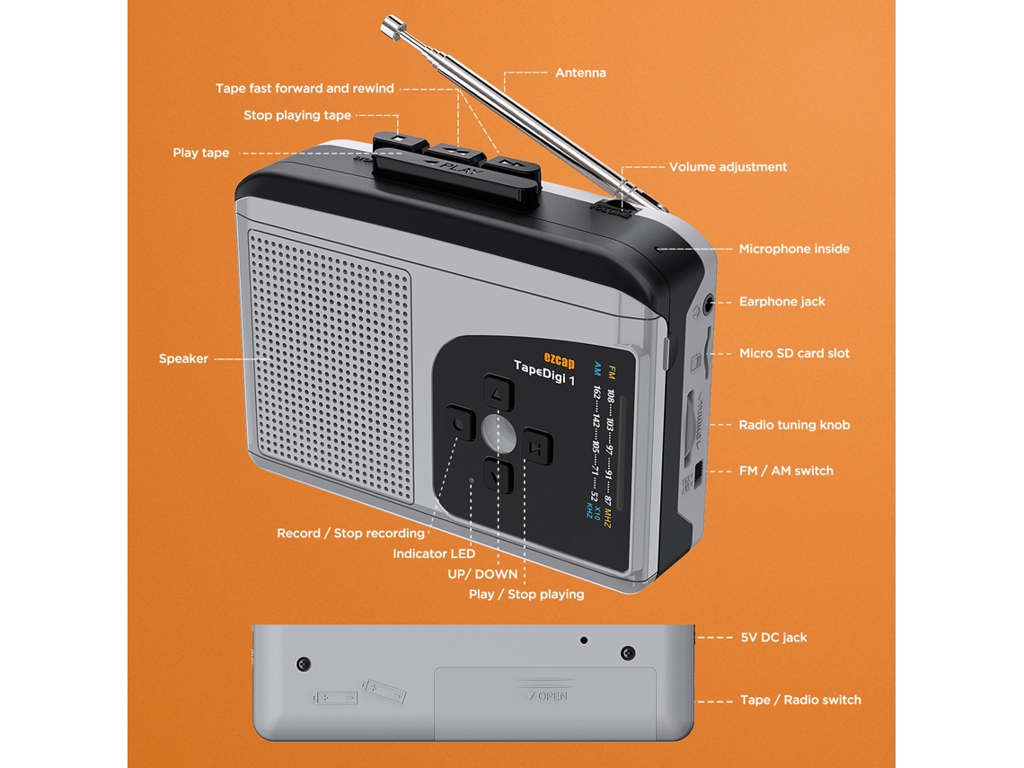 Ezcap234 Player De Fitas Cassete Portátil Rádio Am/fm Conversor Cassete Para Mp3 Gravador Com Alto-falante Integrado