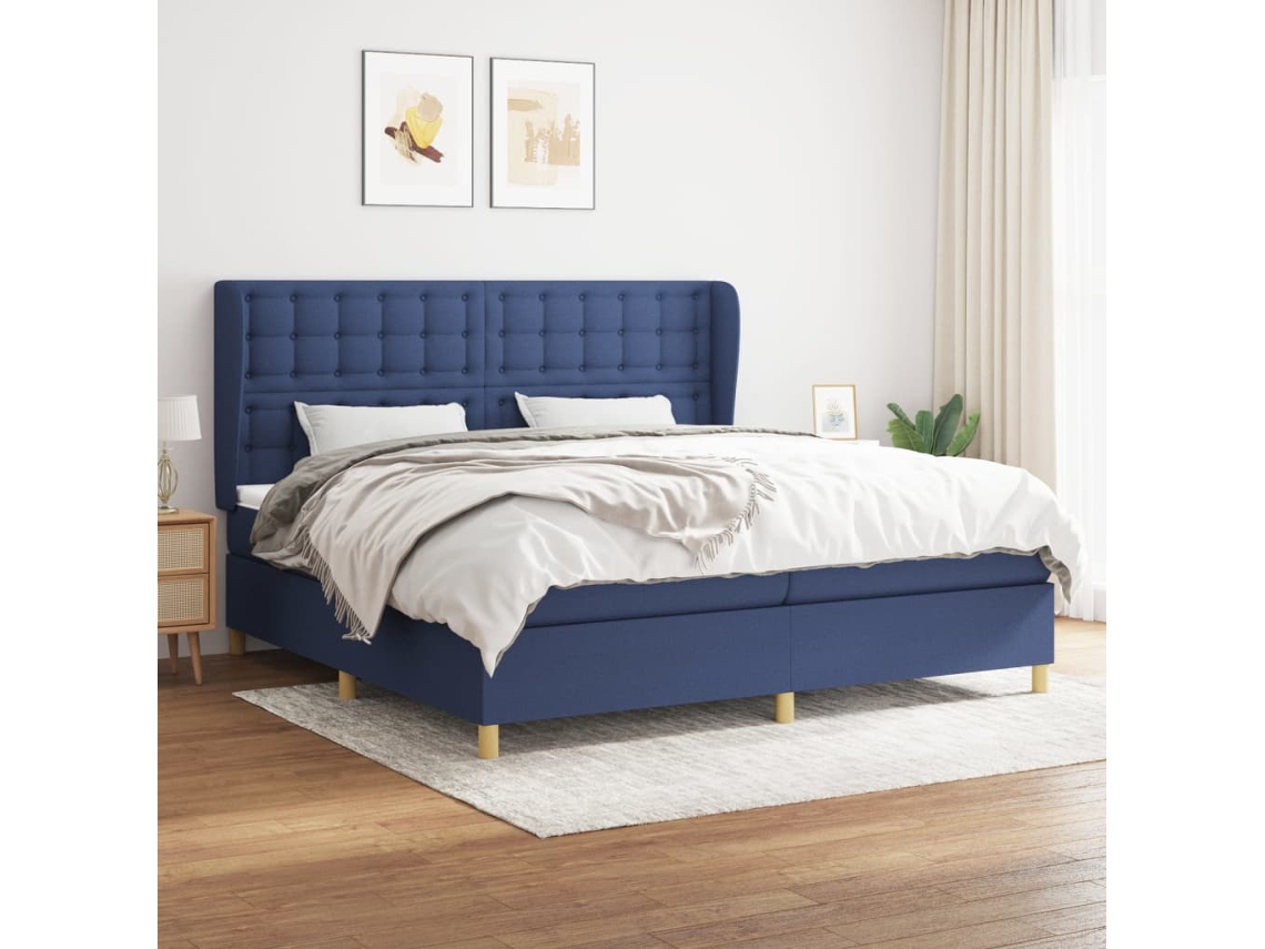 Cama Box Spring Con Colchón Tela Azul 200x200 Cm