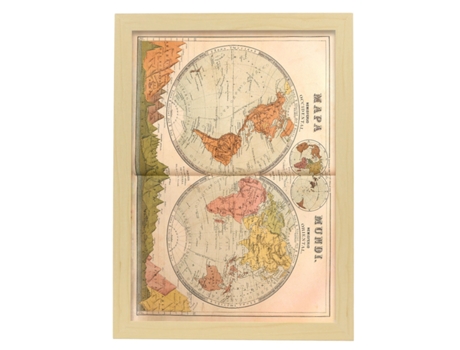 NACNIC Pósters Geográficos En Vintage Mapamundi En Hemisferios De 1879 Ilustraciones De Antiguos Mapamundis En Tonos Sepia Tamaño A4 Con Marco Blan...