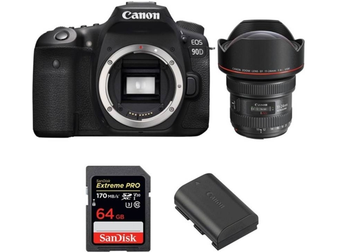 Kit Cámara Réflex CANON EOS 90D + EF 11-24mm f/4L USM + SanDisk 64GB + LP-E6N