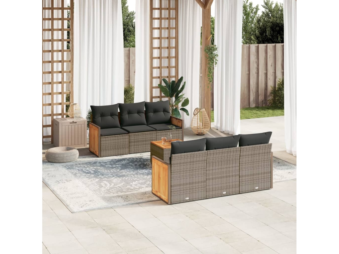 Conjunto de sofá de jardín de 7 piezas con cojines, mimbre gris, DKD Home Decor