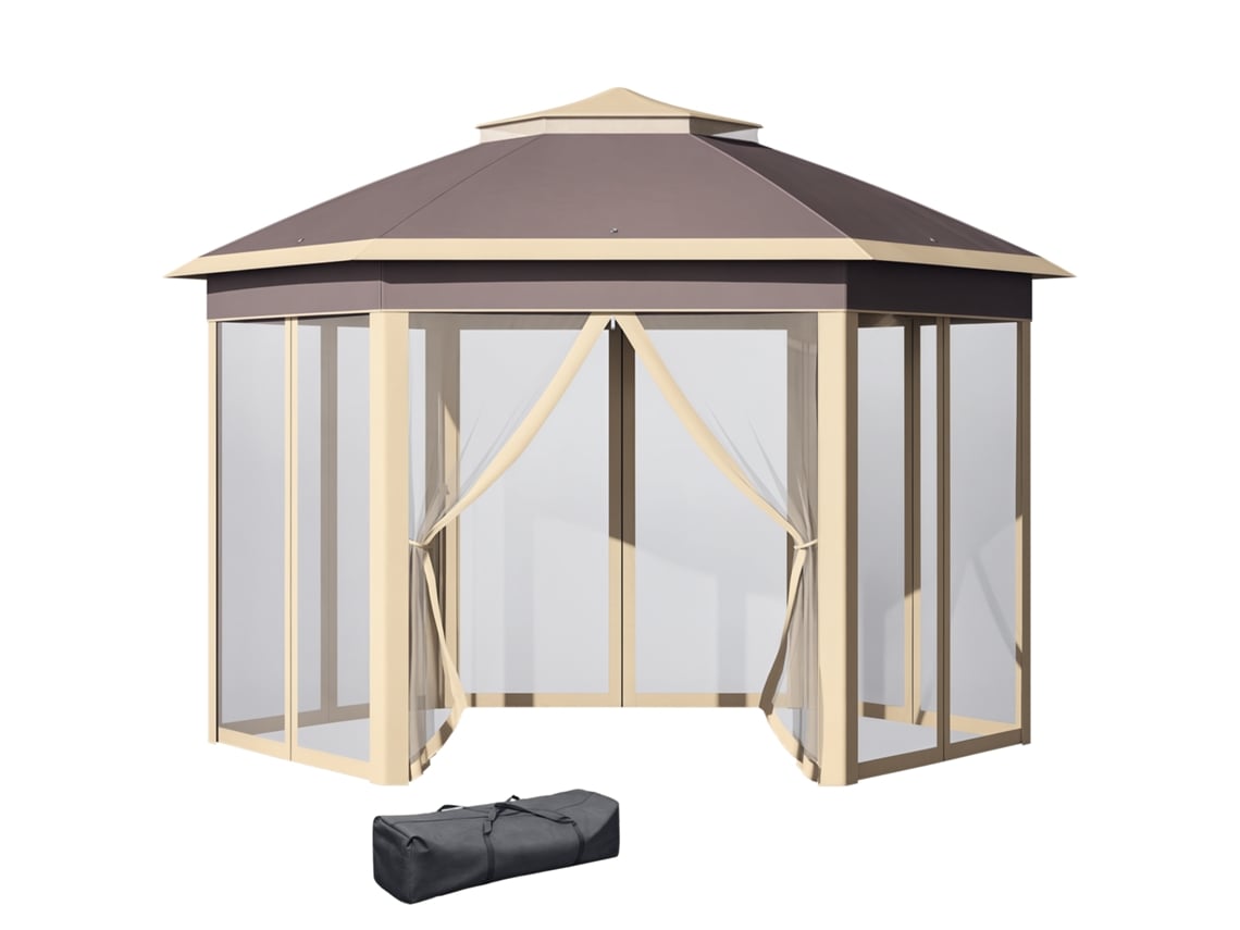 Cenador hexagonal de jardín de 4,05 x 3,4 x 2,85 m con doble techo y mosquitera UV, color beige.