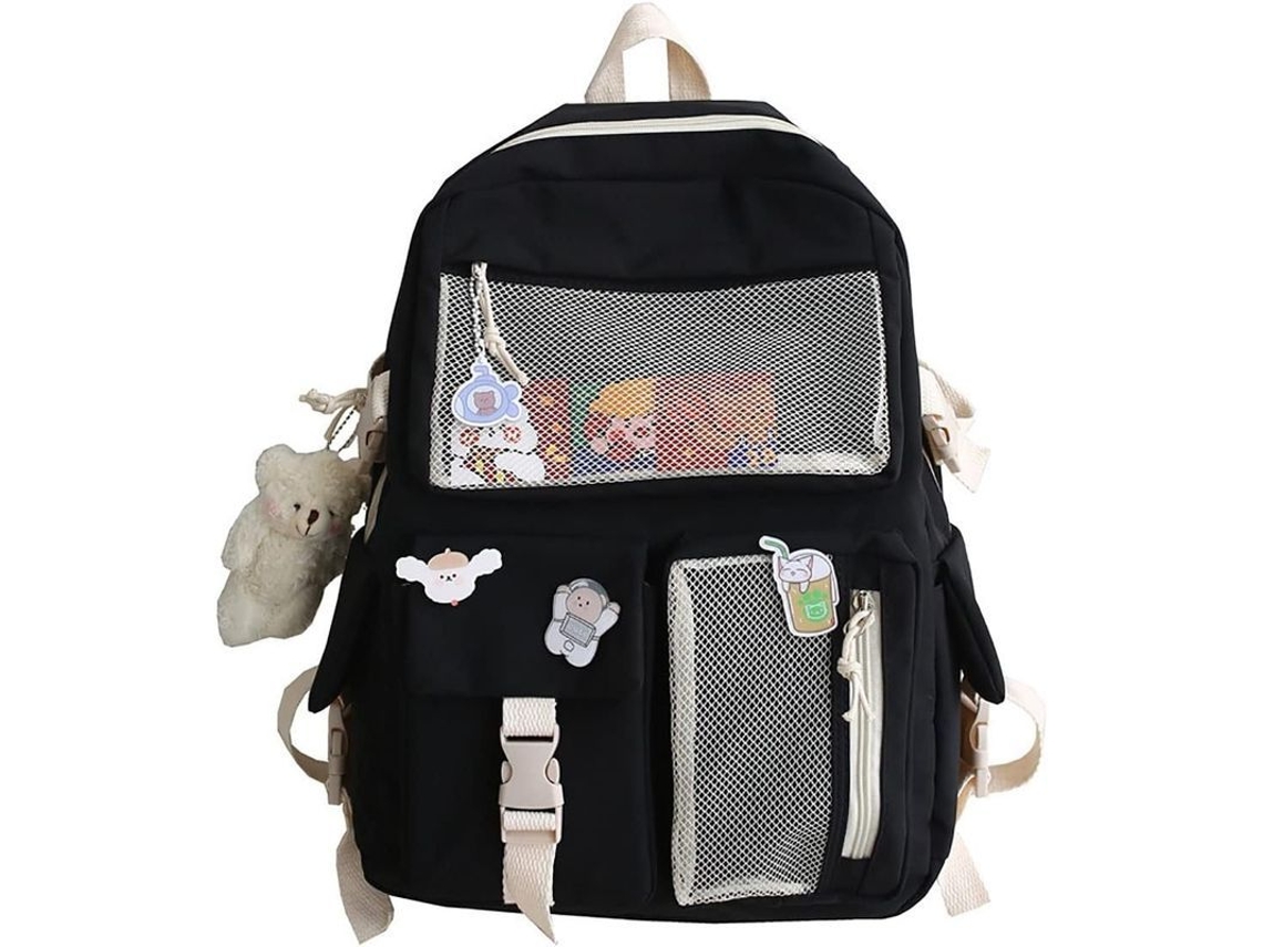 2026-mochila Escolar Kawaii De Alta Capacidad Mini, Resistente Al Agua, Material Nylon Lona, Accesorios Incluidos, Color Negro