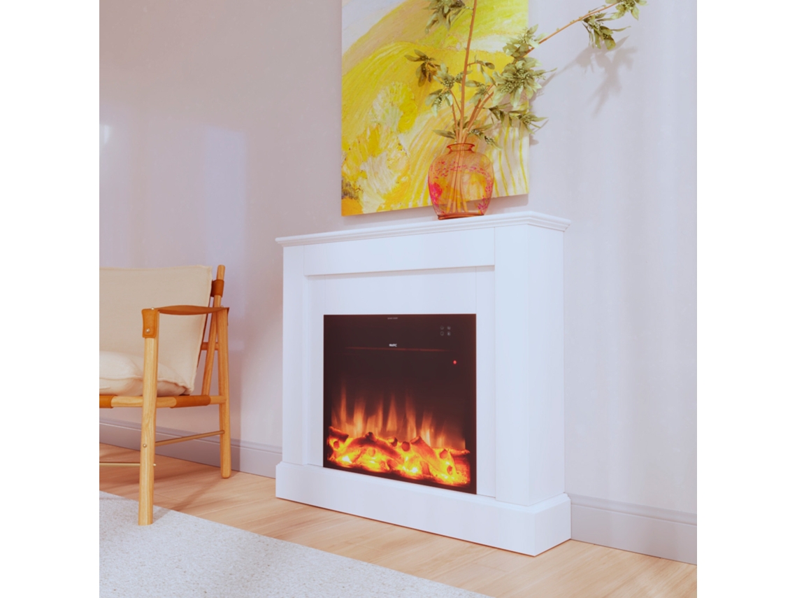 Mpc Camillo-white Chimenea Eléctrica, 60cm, Madera Blanca, 750w/1500w, Efecto De Llama Led Ultra Realista, Termostato Automático Y Mando A Distancia
