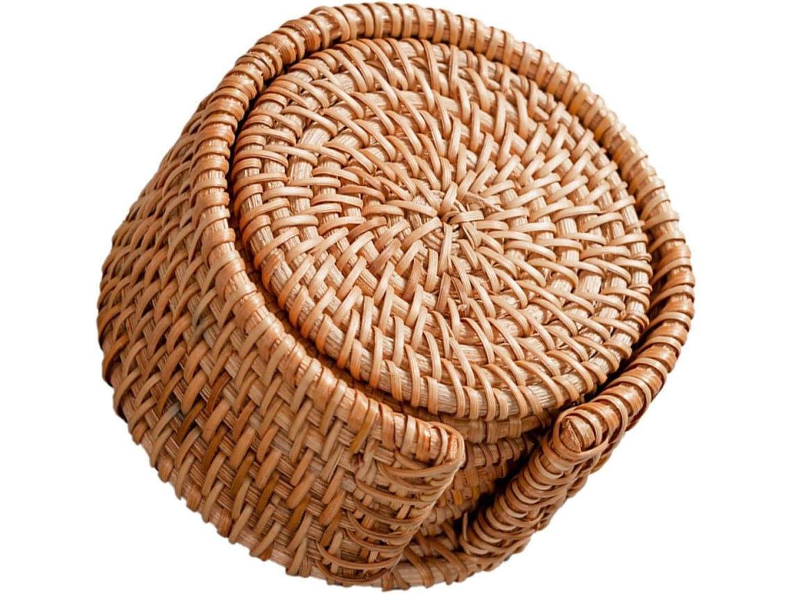 Juego De 7 Posavasos Redondos De Ratán Natural Tejido, 8 Cm