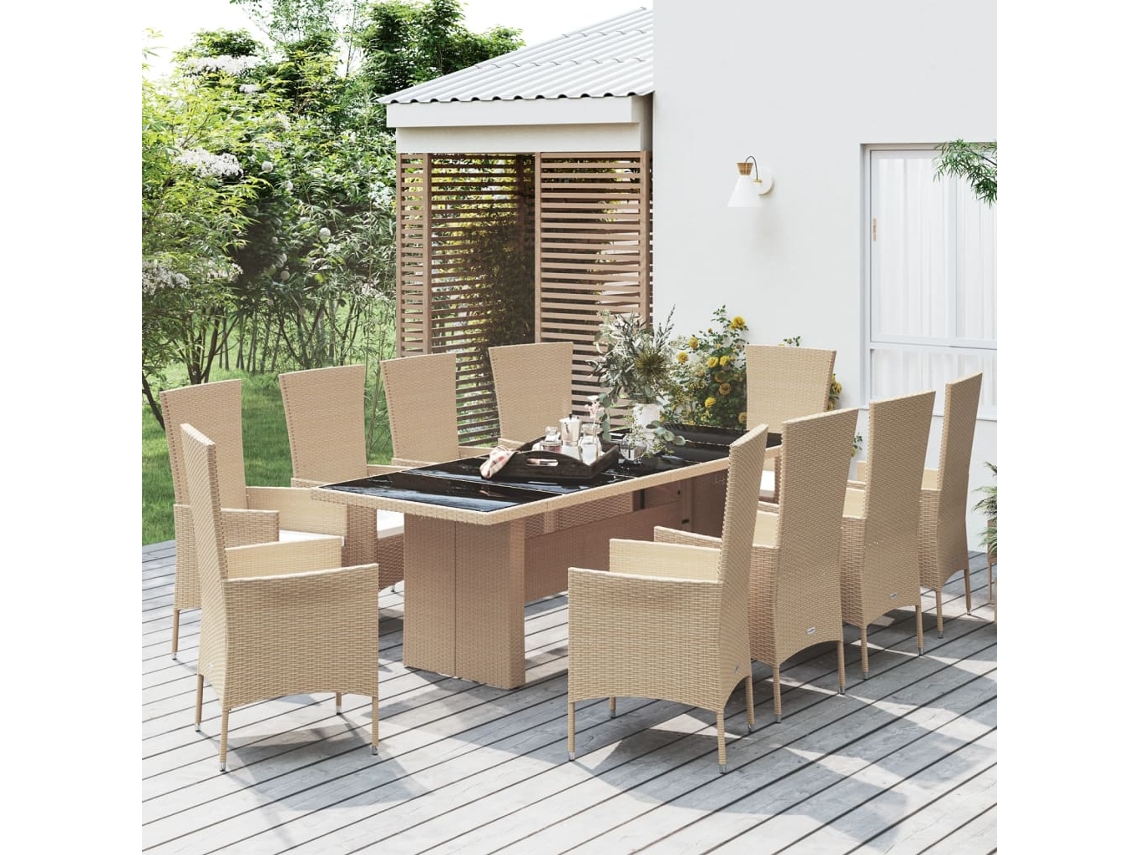 Juego de comedor de jardín de 11 piezas con cojines, mimbre sintético beige, DKD Home Decor