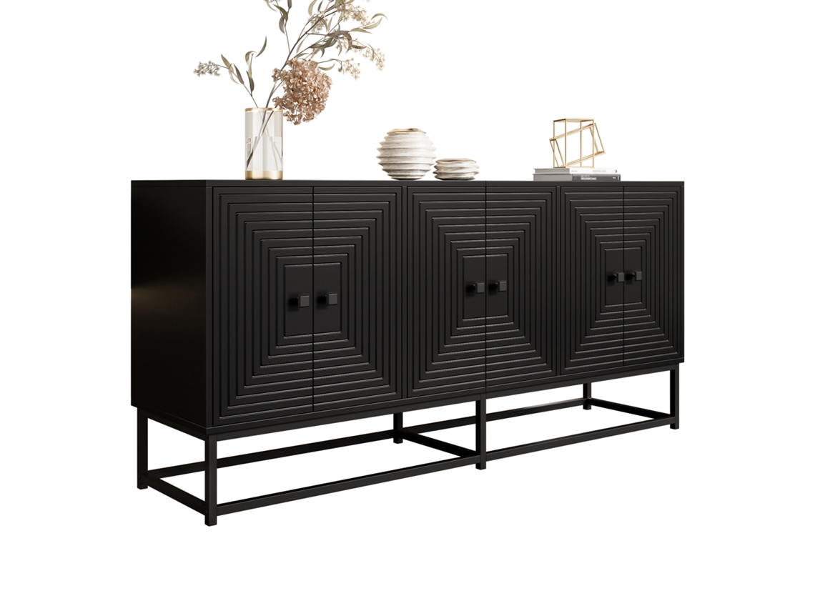 Gabinete de almacenamiento negro con 3 puertas dobles, amplio espacio, diseño moderno mate, práctico organizador para sala de estar y oficina.