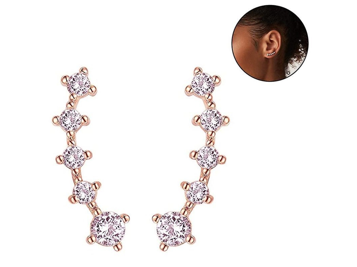 Pendientes Trepadores De Plata De Ley 925 Con Baño De Oro De 14k Y Diamantes Artificiales - 1 Par