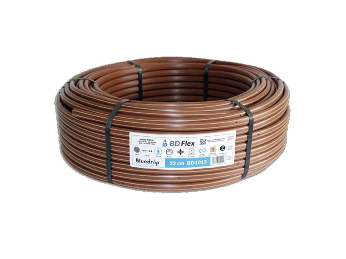 Tubería Autocompensante - Goteros Integrados cada 33 cm Bluedrop BD-FLEX - Enterrable, Antiraíces (Rollo 100 m) La Tubería BD-FLEX de Bluedrop es una