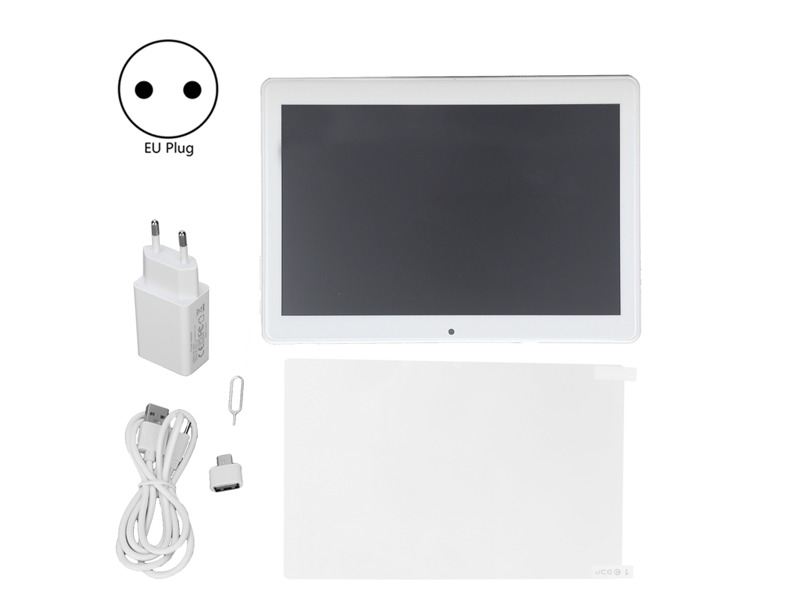 Tableta de 10 pulgadas, pantalla HD de 1280 x 800, cámaras duales, ángulo completo, luz dorada.