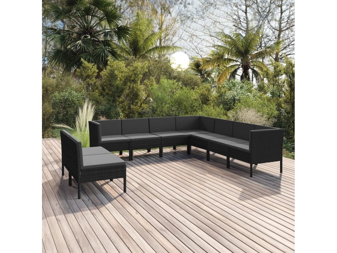 Conjunto de jardín de 9 piezas con cojines, mimbre sintético negro, DKD Home Decor