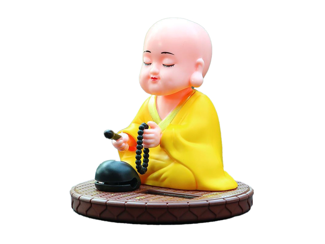 Pequeño Adorno Solar Monje Auto Cabeza Asiente Batidor De Peces Decoración Coche Mesa Regalo Amarillo