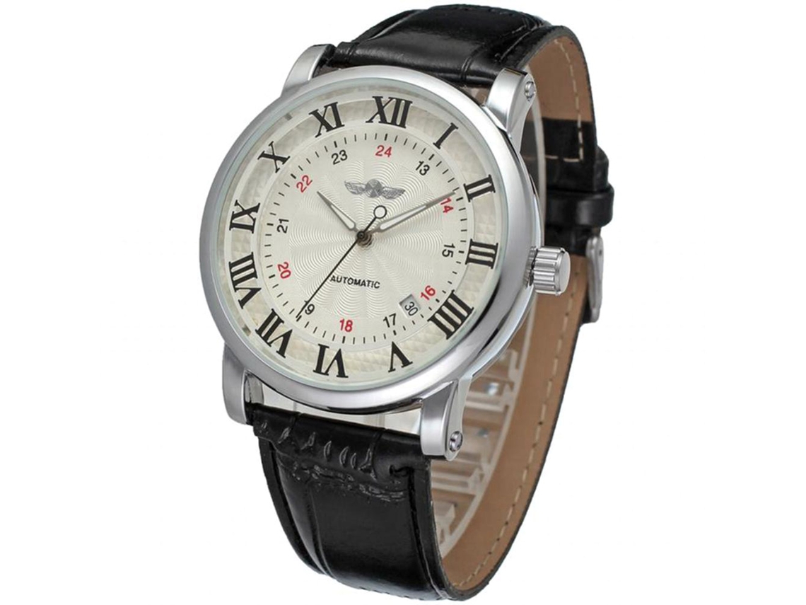 Reloj Automático Mechanico Hombre Correa Cuero Pu Dial Blanco Número Negro