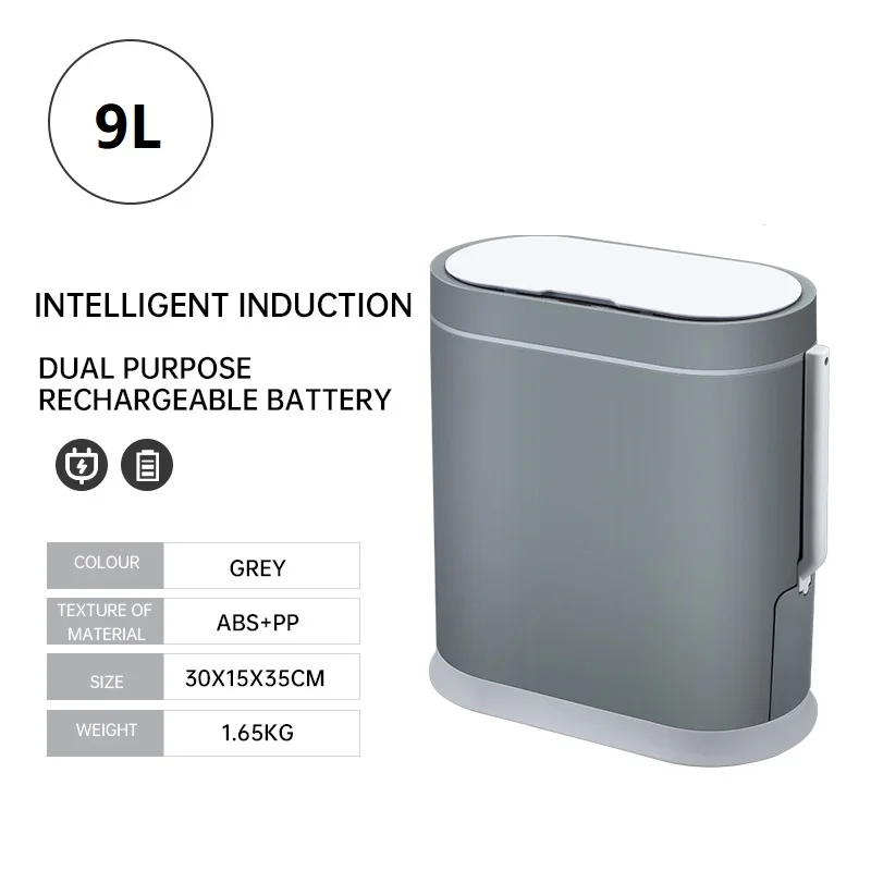 Basurero Automático Con Tapa Y Escobilla Para Inodoro, Recargable, Gris, 9 L. Sensor Inteligente.