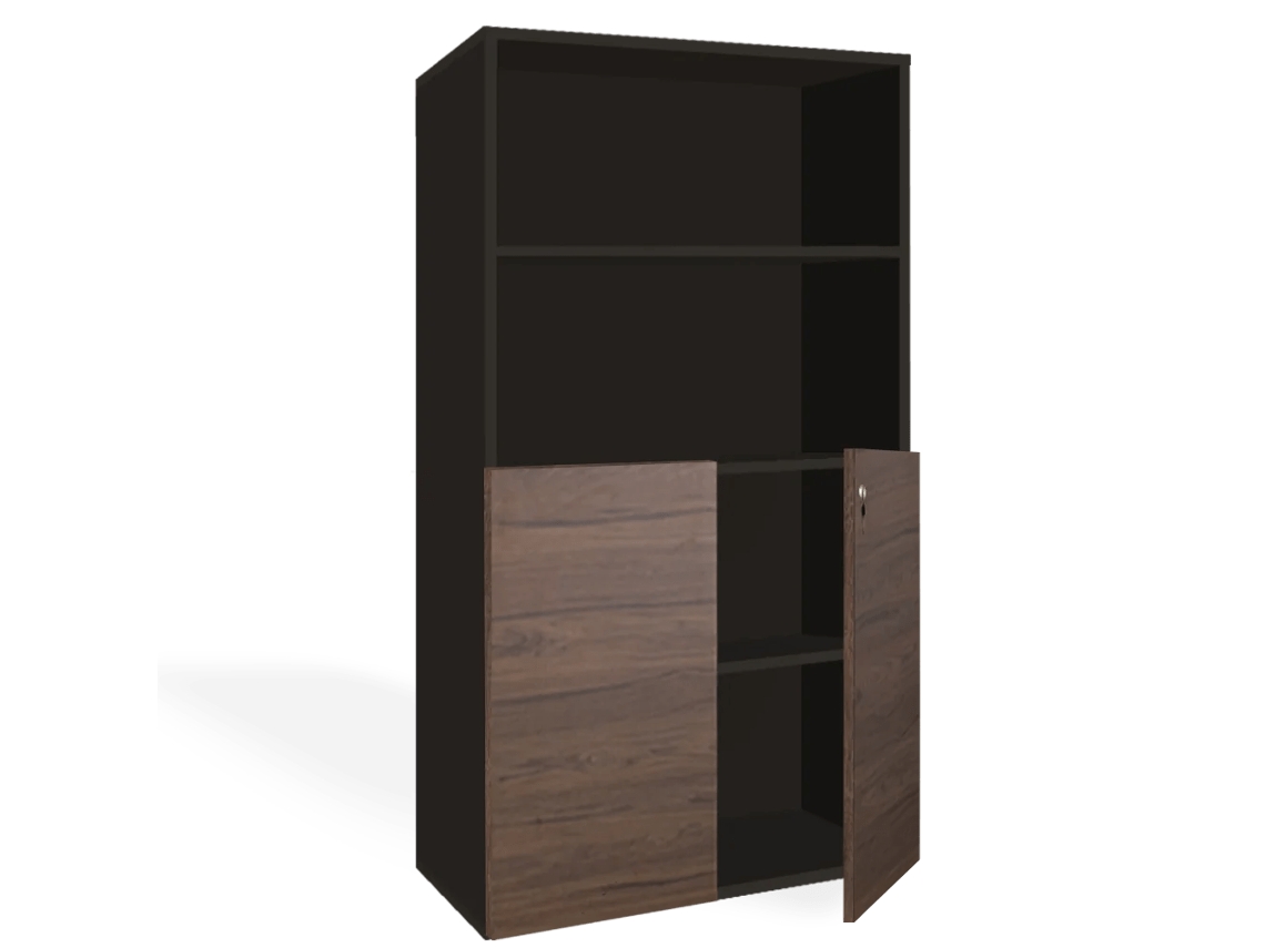 Armario archivador con puertas bajas. 4 estantes. 160 x 90 x 40 cm. Gris grafito-Nogal. OFILIKE